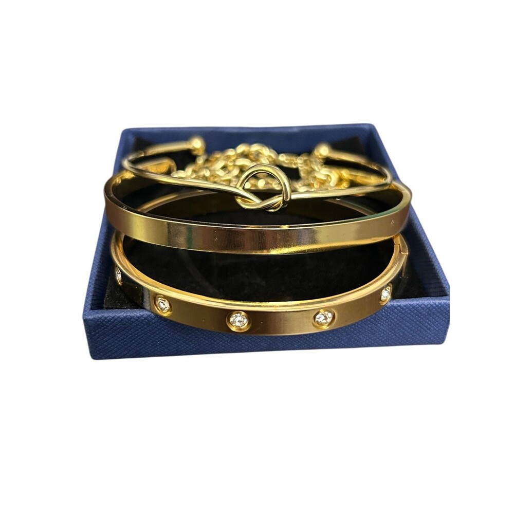 Gold Plated Cuff Bangle Bracelets Set for Women Non-Tarnish Stack Jewelry 4 pc - Picture 2 of 6